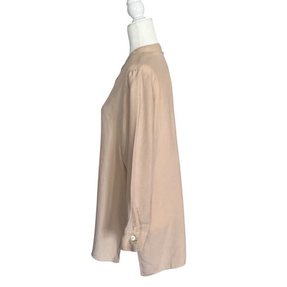 ZARA Tan Lyocell Blend Button-Up Shirt Minimalist Collarless Long Sleeve Blouse - Picture 4 of 10